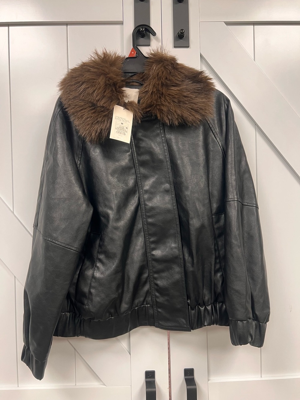 A new day Black Faux Leather Jacket with Brown Fur Collar